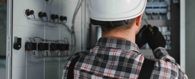 A photo of a technician upgrading an electrical panel.