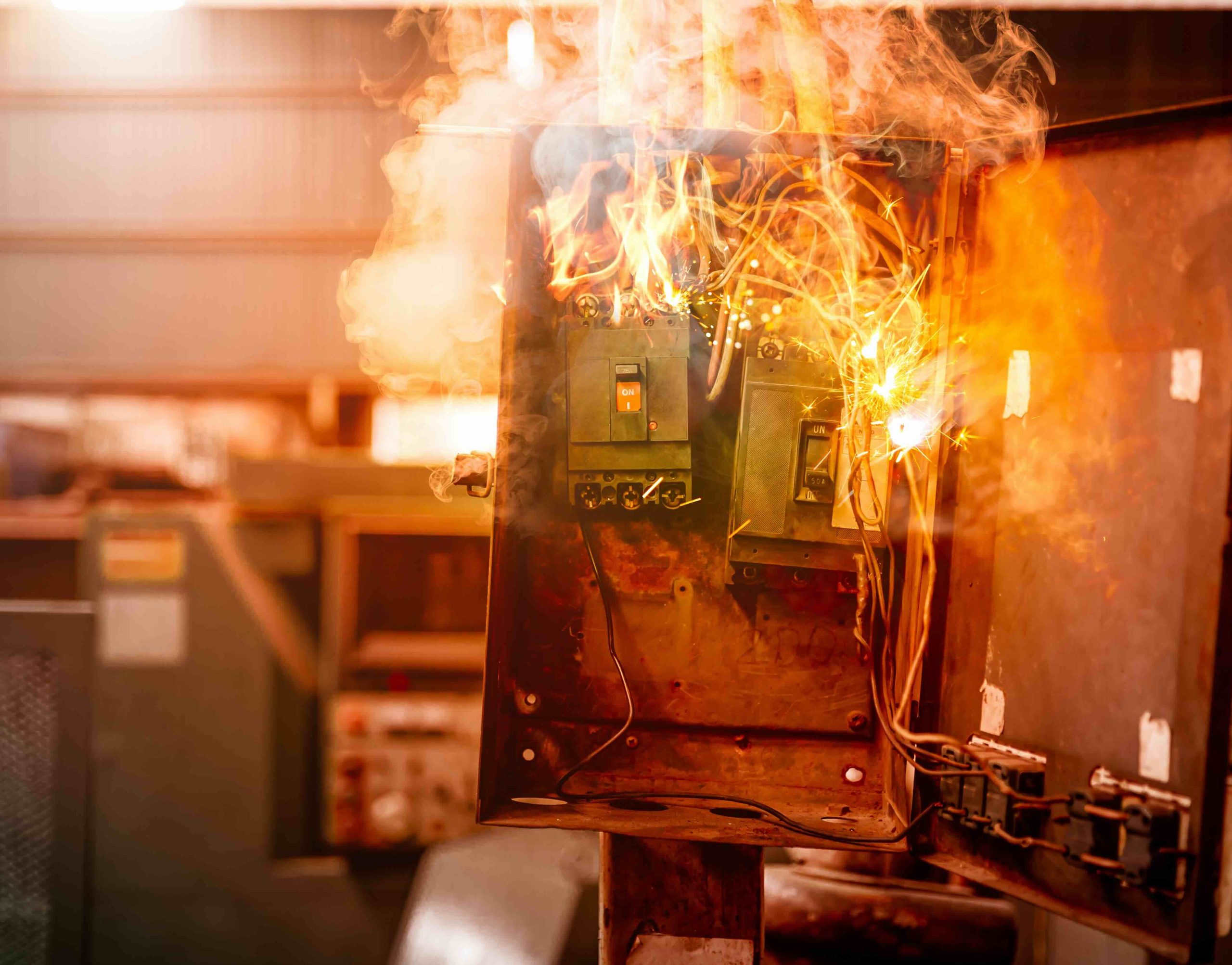 Arc Flash A photo of a circuit breaker on fire due to an arc.