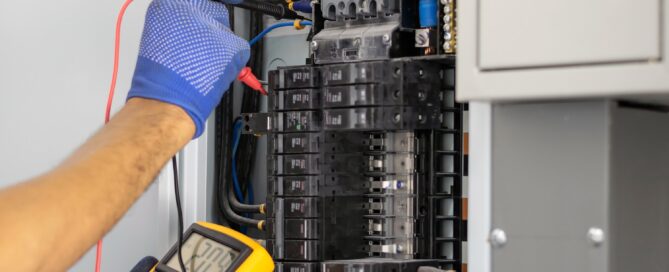 Electrician is using a digital meter to measure the voltage at the circuit breaker control cabinet on the wall.