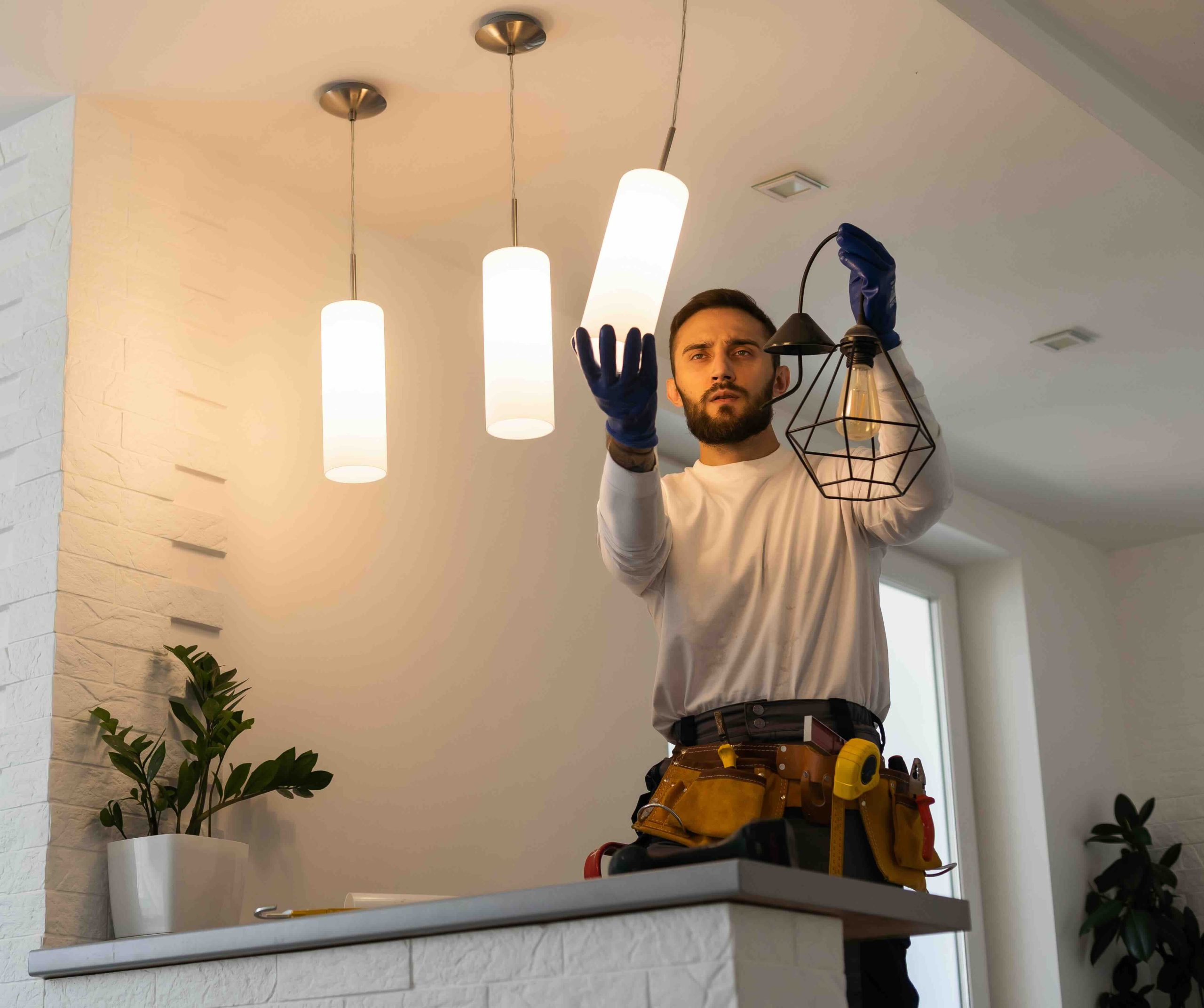 Picture of an electrician installing lighting fixtures in a house.